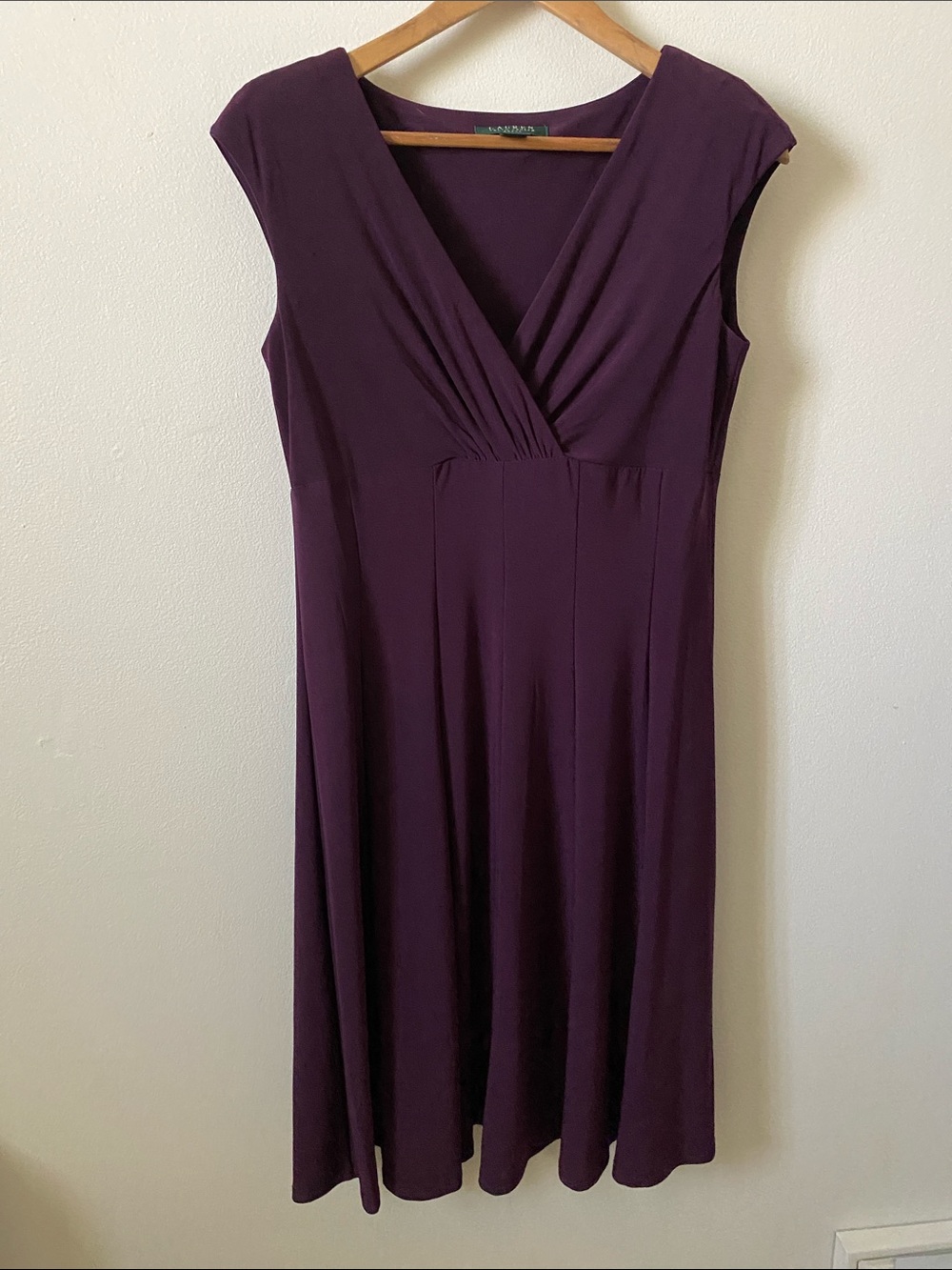 Lauren Ralph Lauren Deep Plum V-Neck Cap Sleeve Midi Dress